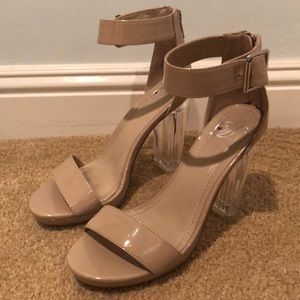 Derek Heart Tan Ankle Strap Heels with clear heels